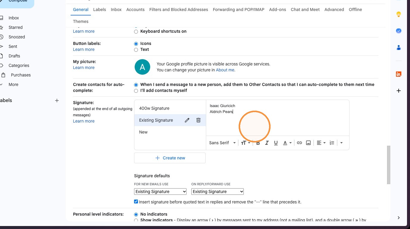 Place cursor in signature editor
